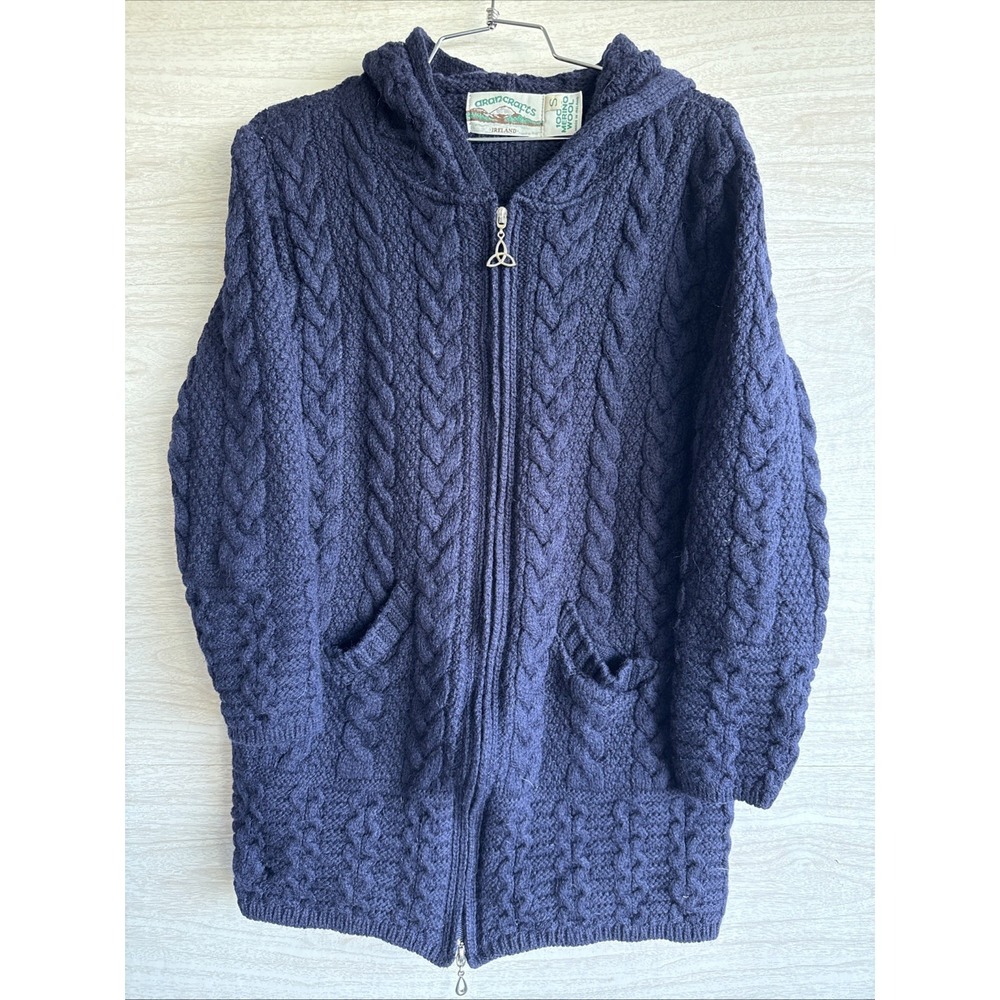 Aran Crafts Women's Irish Cable Knitted Wool Hooded Zip Coat 100% Merino Wool S